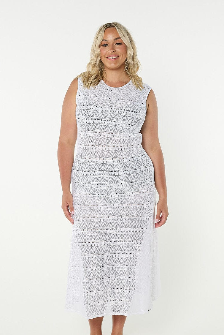 Model wearing white mesh maxi dress