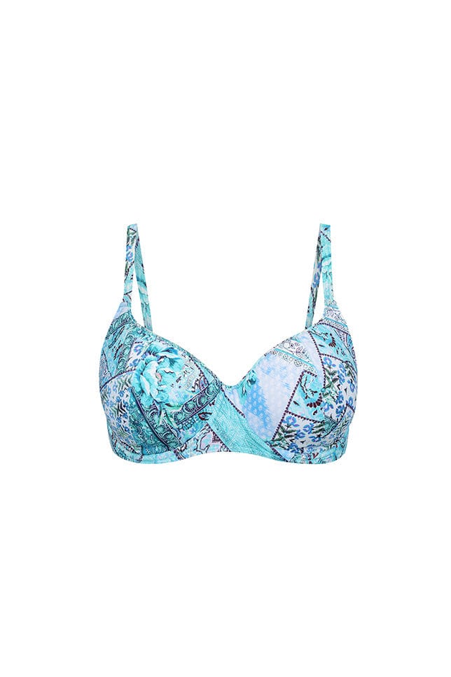 Ghost mannequin light blue patchwork printed underwire support bikini top