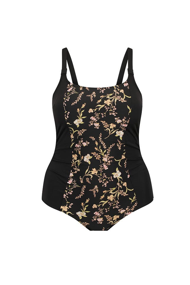 Ghost mannequin black floral one piece swimsuit