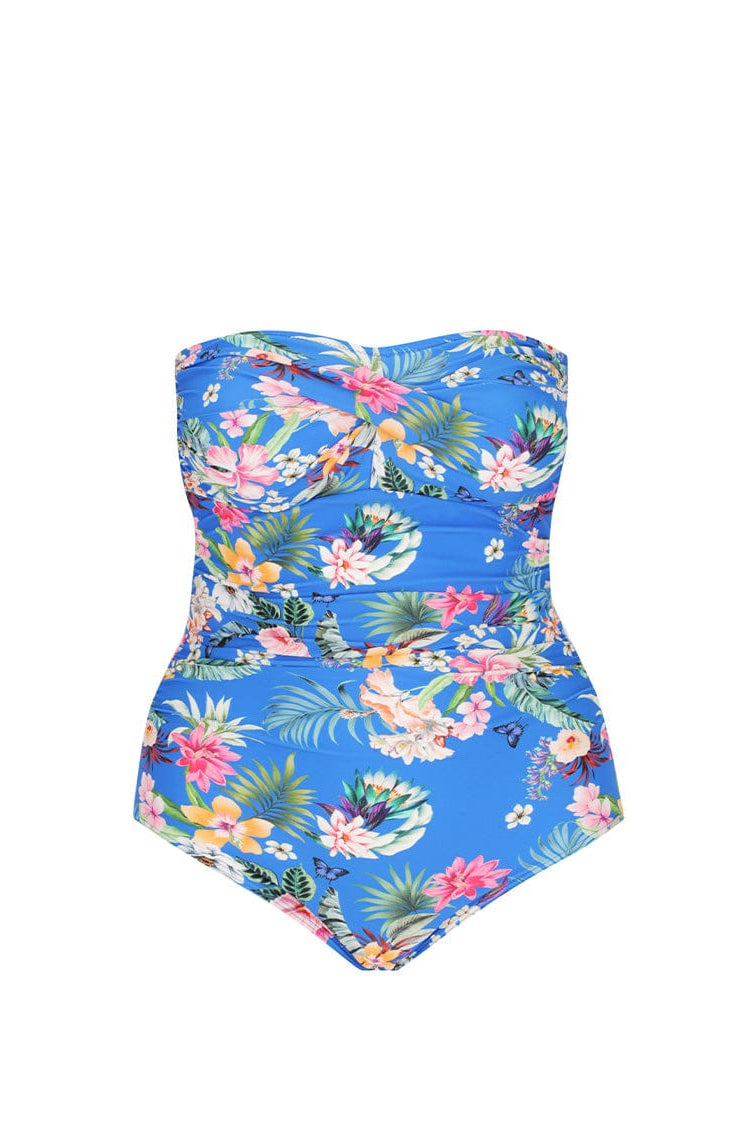 Ghost mannequin of floral blue strapless bandeau one piece swimsuit