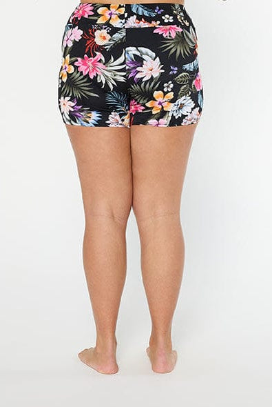 Woman wearing a black floral high-waisted bikini bottom on a white background
