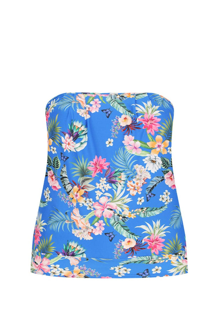 Ghost mannequin of blue floral strapless bandeau tankini top with moulded cups