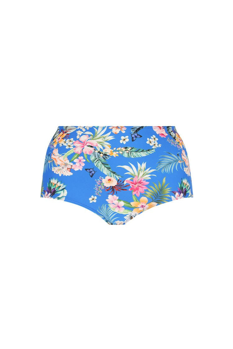 Ghost mannequin of tummy control high waisted swim pant in blue floral print
