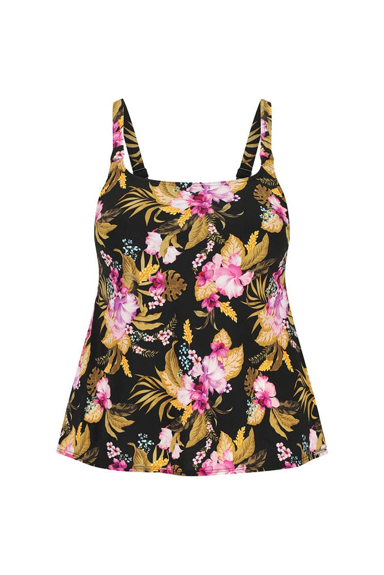 Ghost mannequin of pink and gold floral square neck tankini top