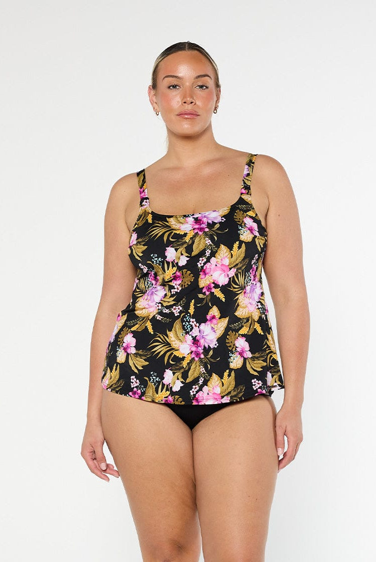 Blonde model wears square neck chlorine resistant pink and gold floral tankini top with scoop hemline