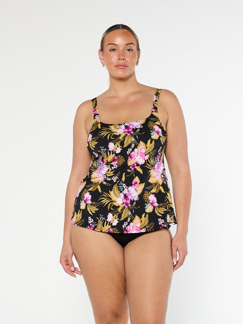 Blonde model wears square neck chlorine resistant pink and gold floral tankini top with scoop hemline