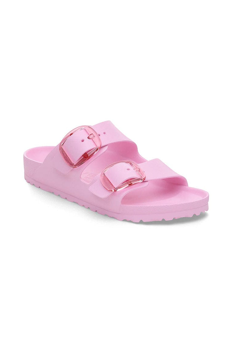 pink women's sandal with big buckles