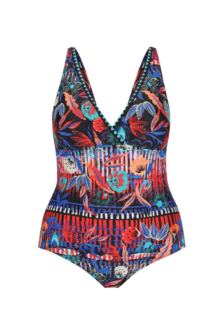 Colourful floral-patterned v neck swimsuit