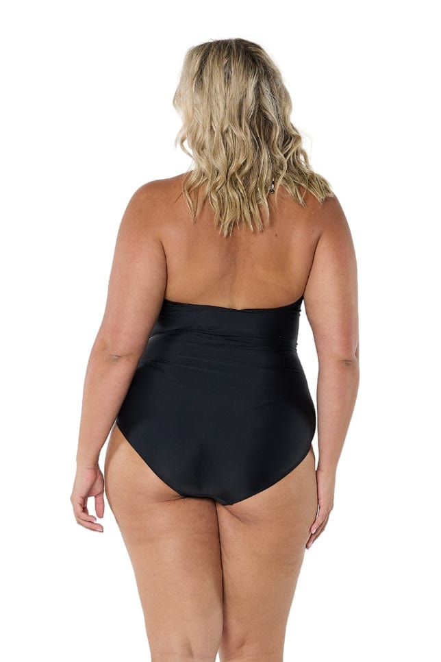model showing back of hounds tooth halter neck swimsuit
