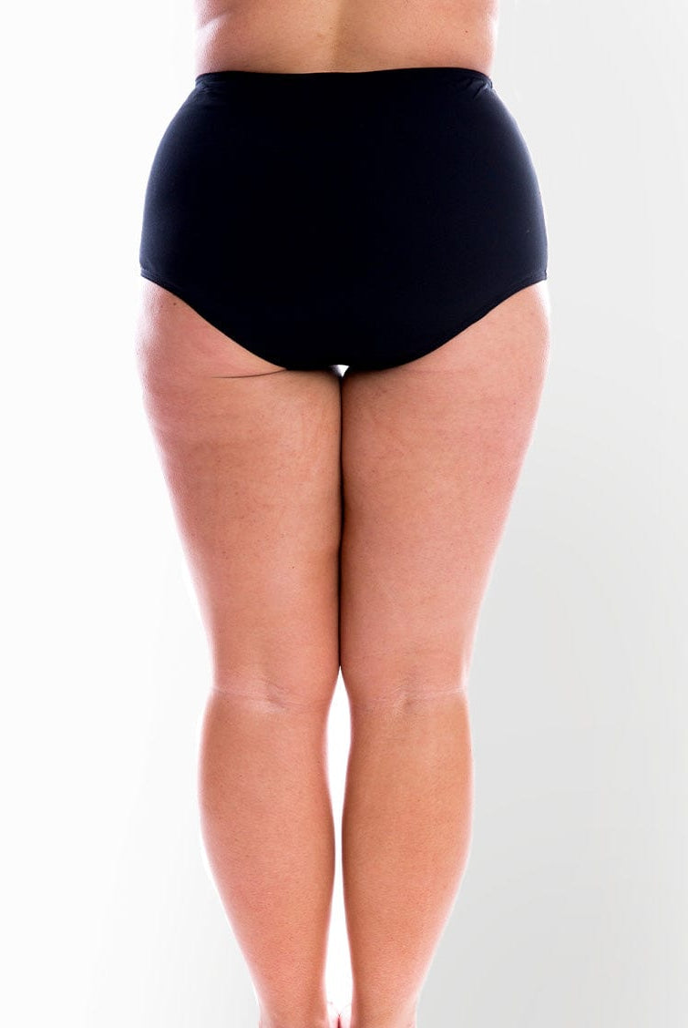 model wearing black chlorine resistant bikini bottoms