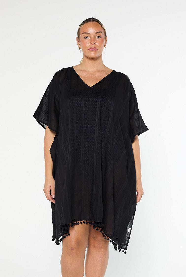 model wearing black cotton kaftan