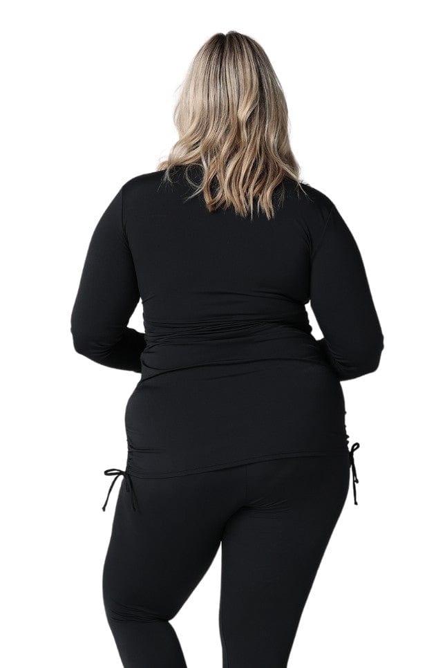model showing back of black long sleeve rash vest