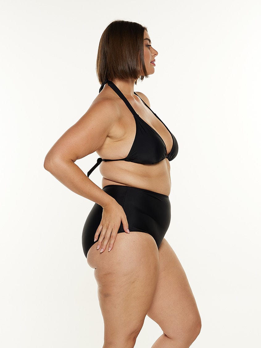 model showing side of black triangle bikini