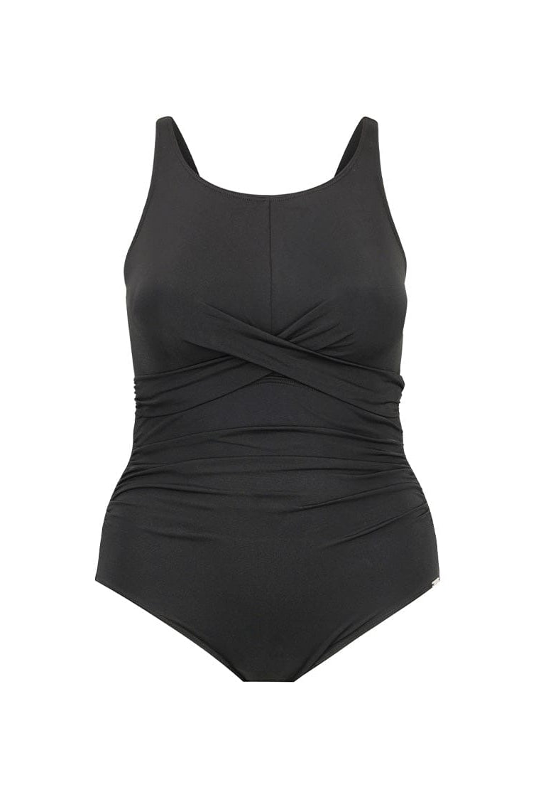 women's black high neck one piece swimsuit