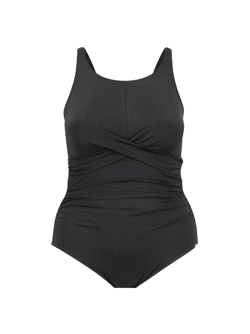 women's black high neck one piece swimsuit