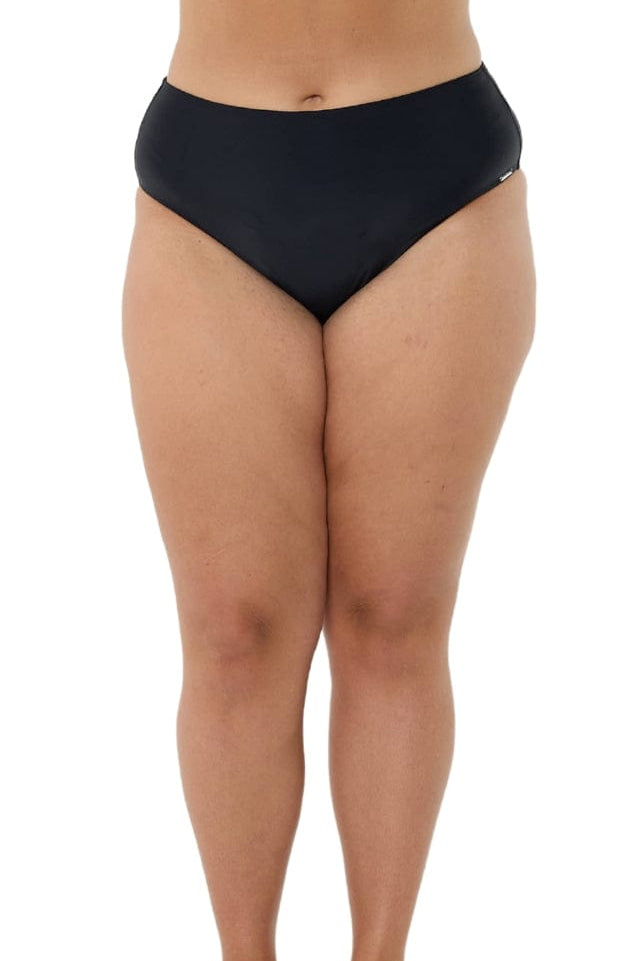 model wearing black high rise swim pant