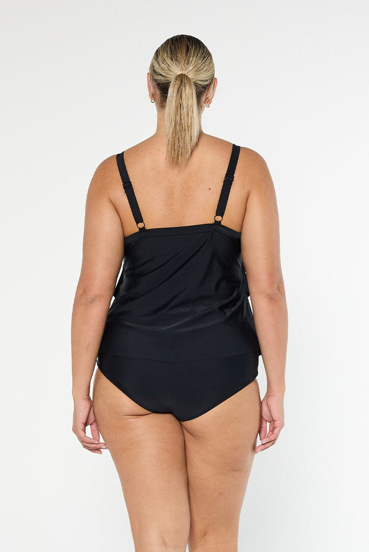 model showing back of black three tier tankini