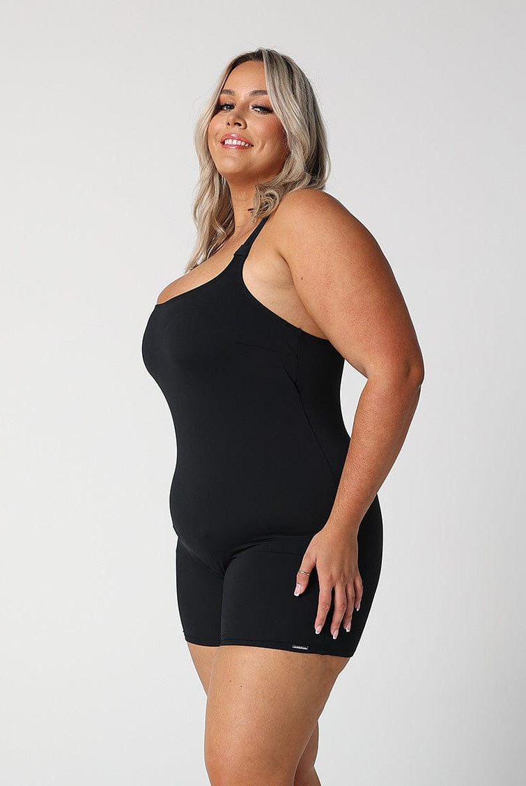 model showing side of black boyleg swimsuit