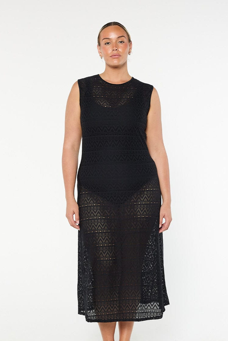model wearing black mesh maxi dress