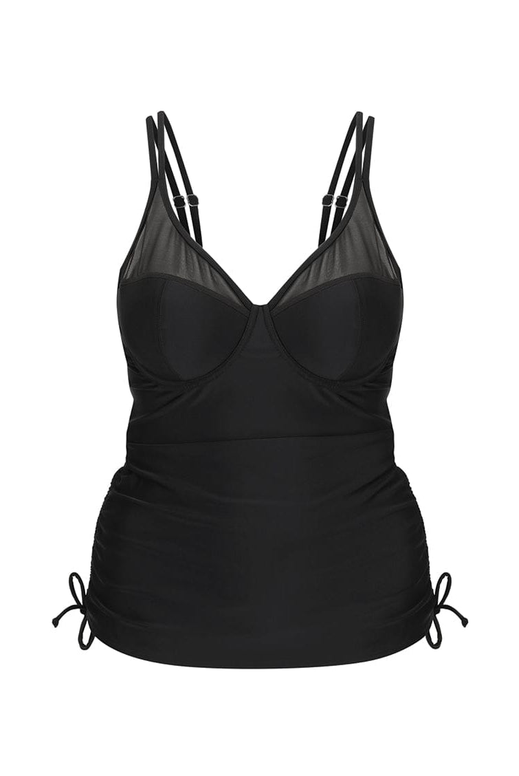 black tankini with mesh detail and side ruching