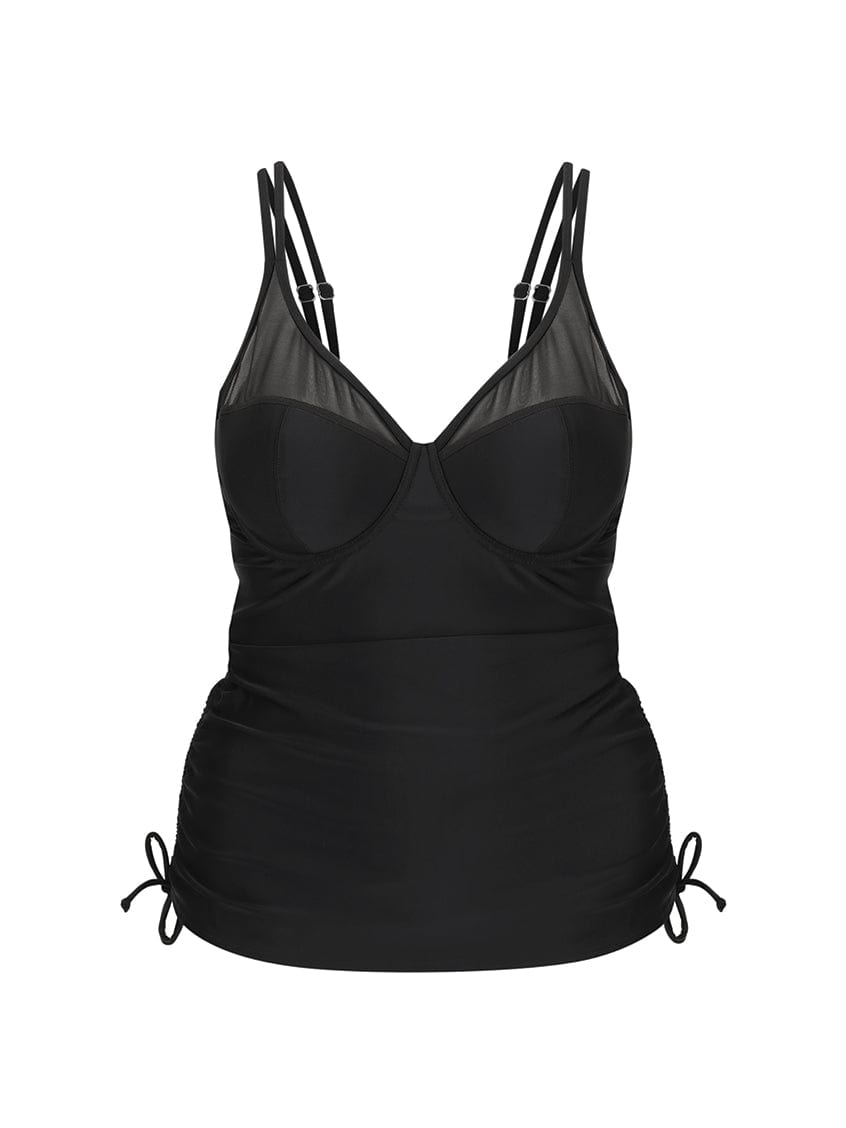black tankini with mesh detail and side ruching