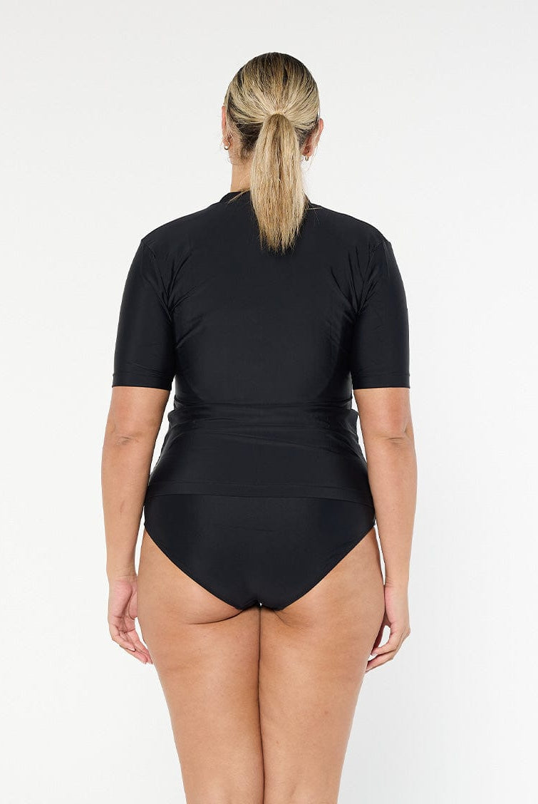 model showing back of black short sleeve rash vest