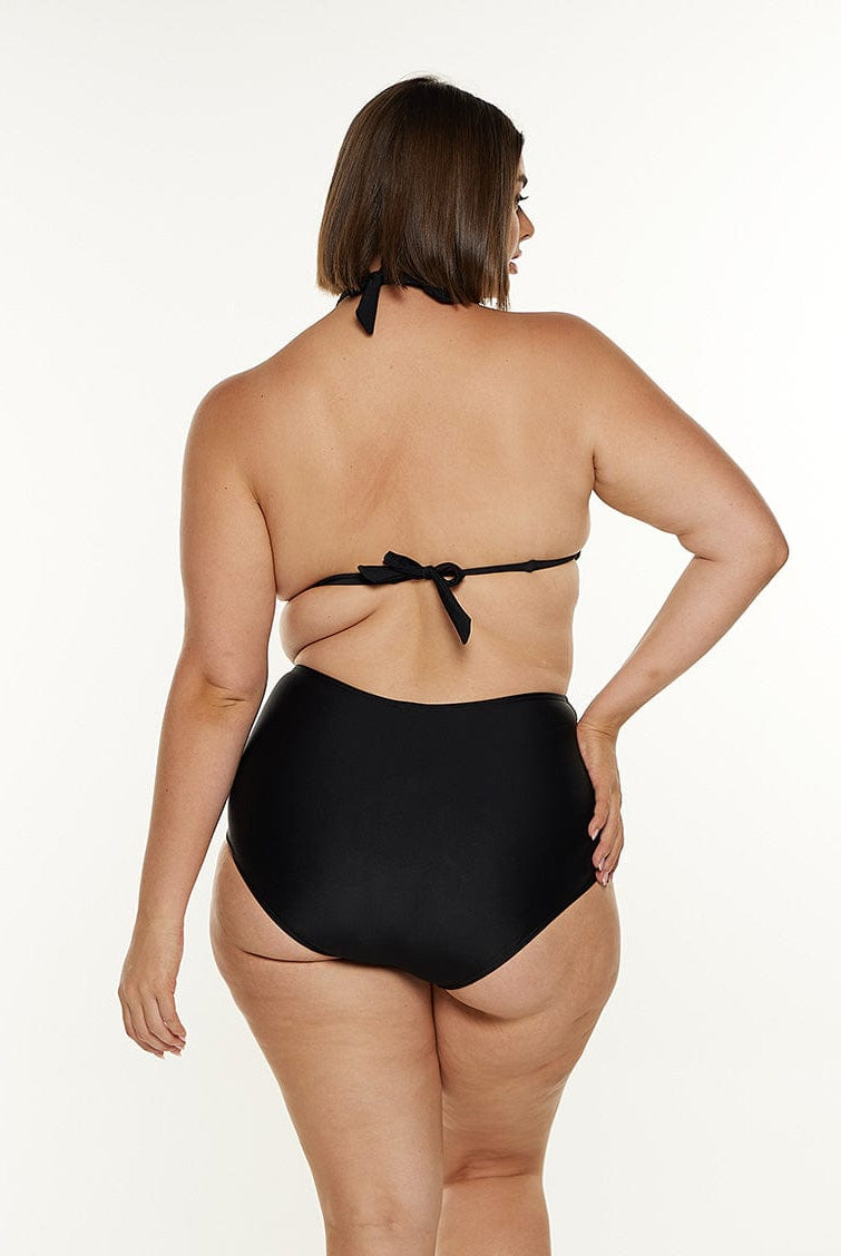 model showing back tie of black triangle bikini top