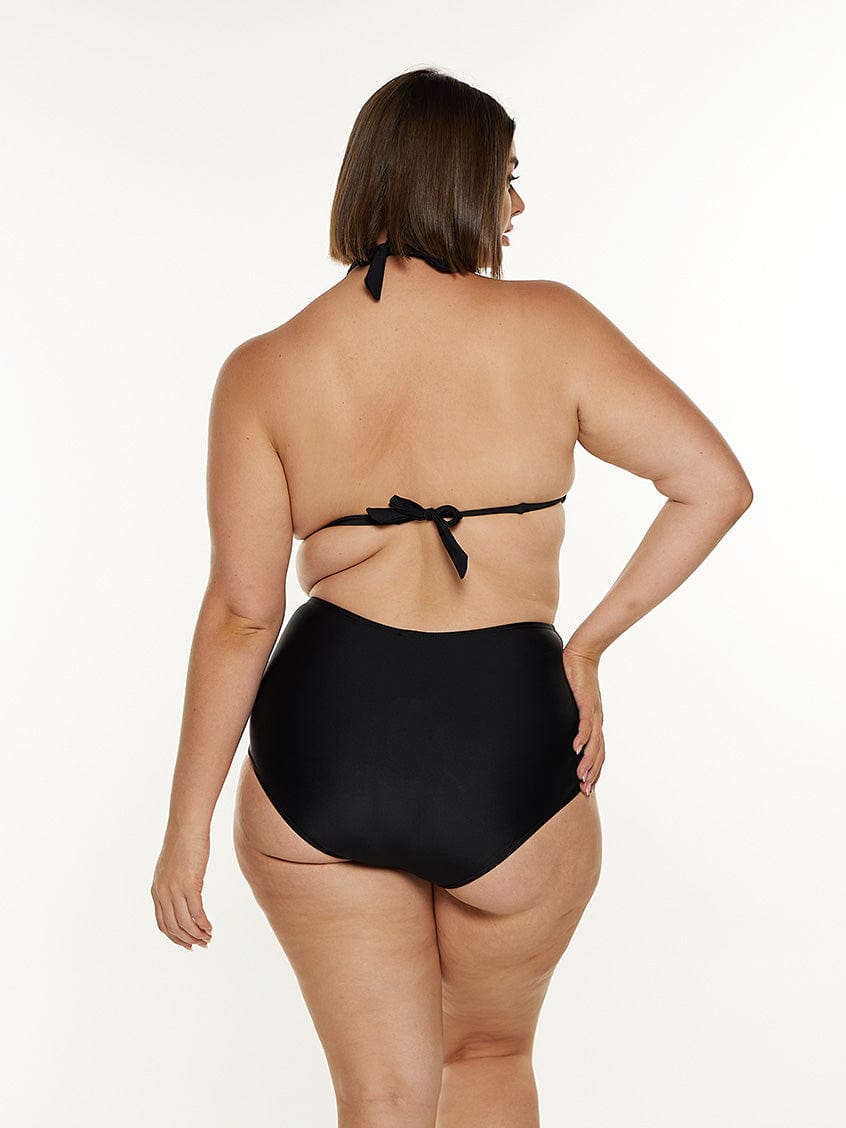 model showing back tie of black triangle bikini top