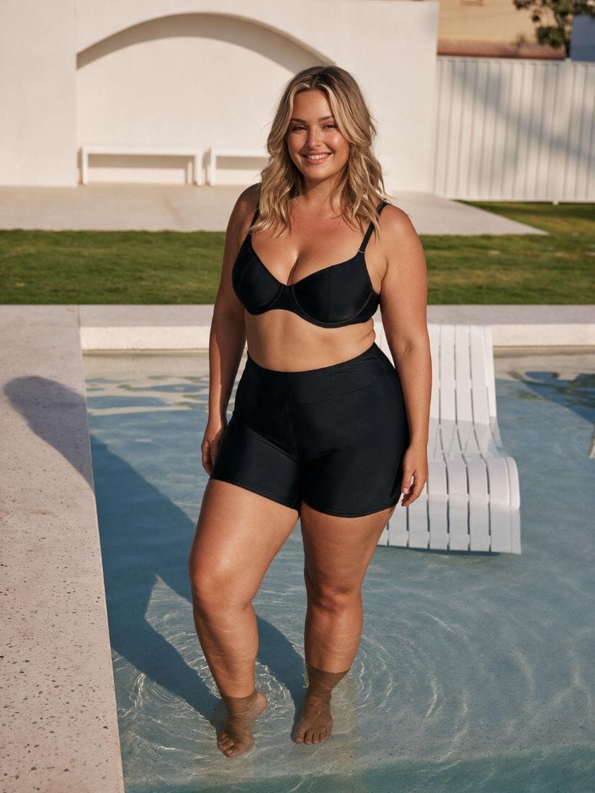 A woman modeling a black two-piece swimwear set consisting of a bandeau-style bikini top and high-waisted shorts, standing in shallow water next to a pool in an outdoor backyard setting.