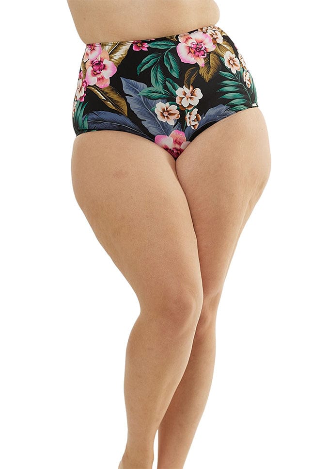 model wearing black floral bikini bottoms