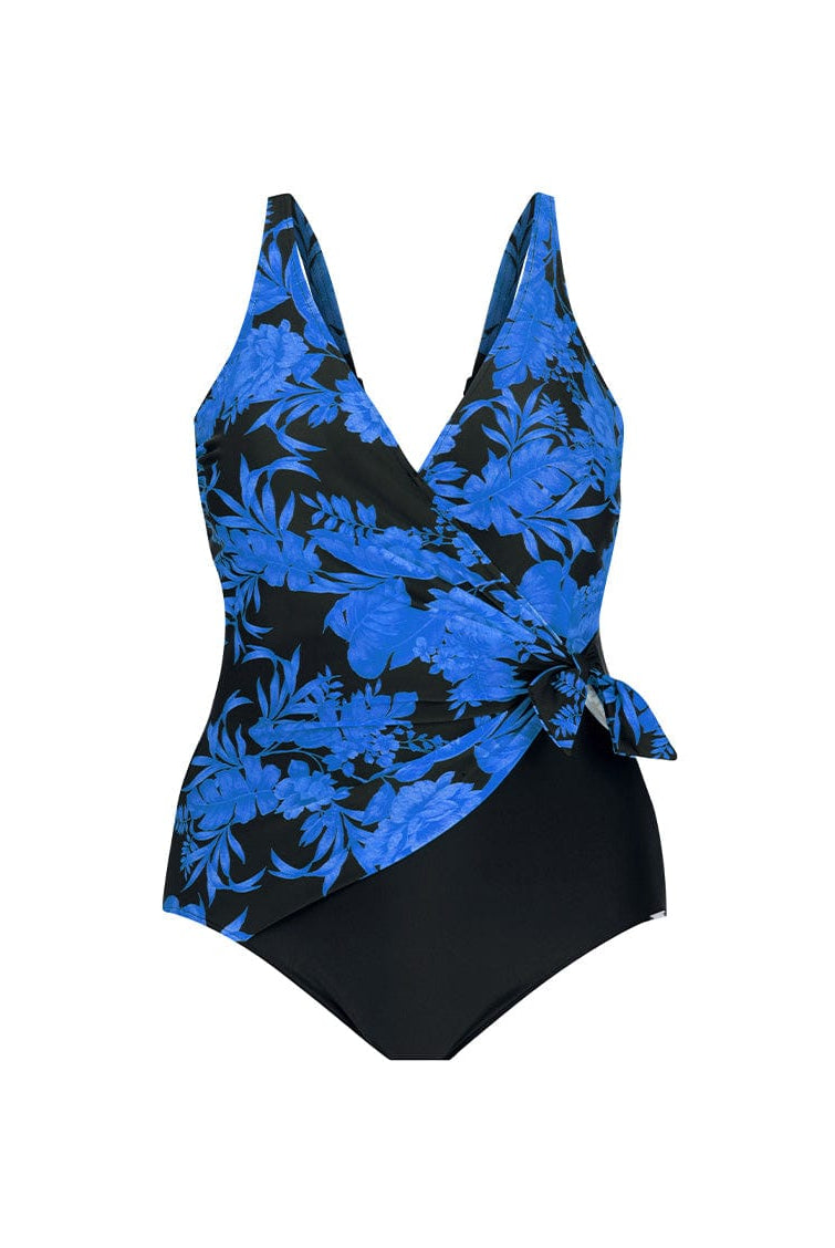 blue and black floral crossover swimsuit