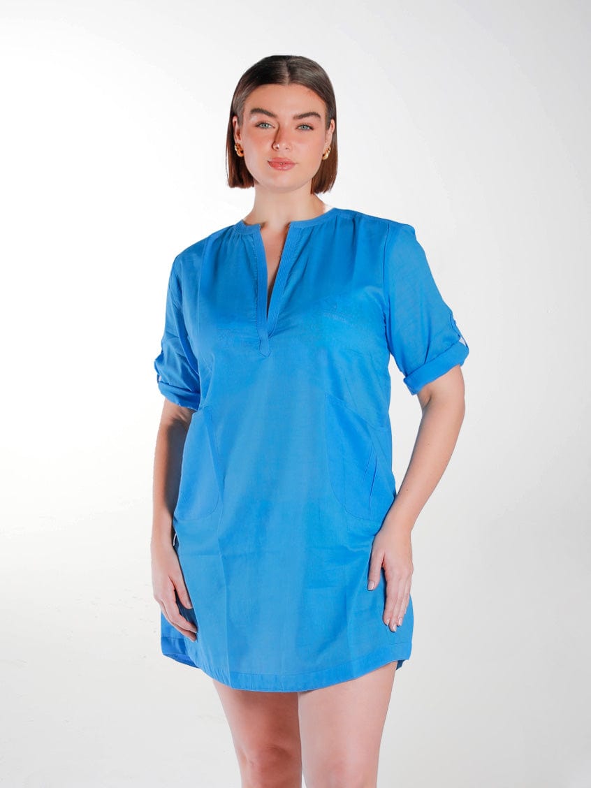 brunette model wearing provence blue over shirt