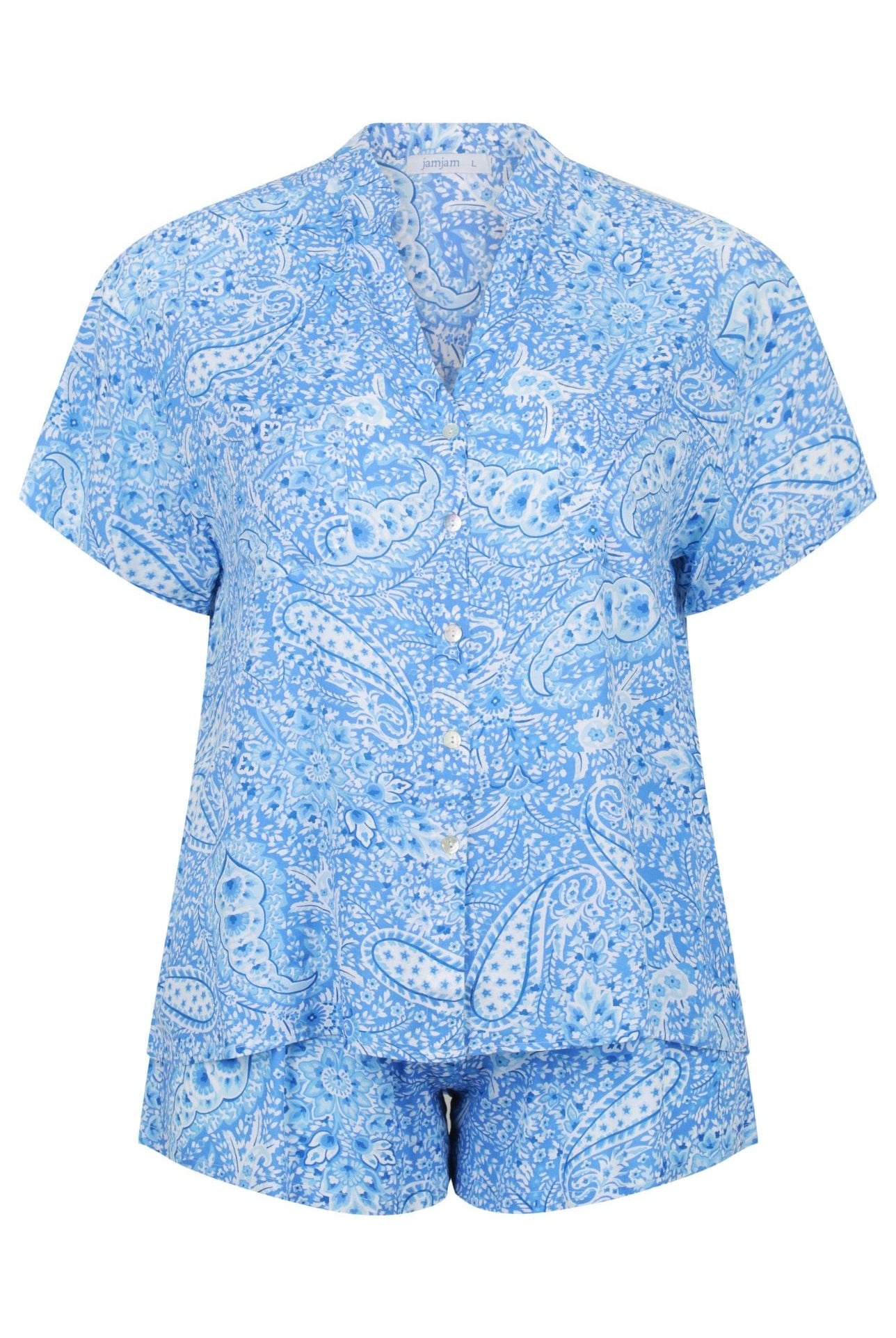 ghost mannequin of blue and white paisley pyjama set