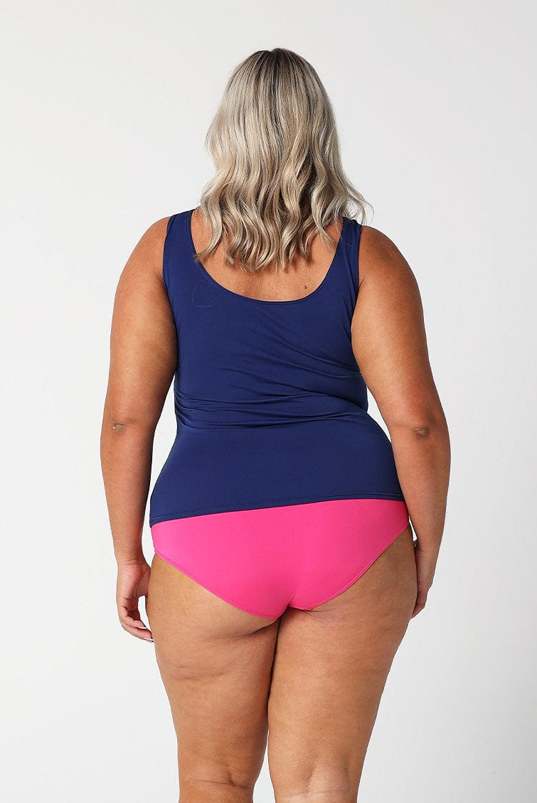 model showing back of pink full coverage bikini pant