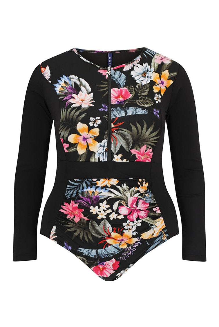 ghost mannequin of women's pool proof zip front long sleeve one piece in floral tropical print