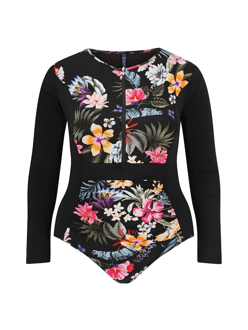 ghost mannequin of women's pool proof zip front long sleeve one piece in floral tropical print