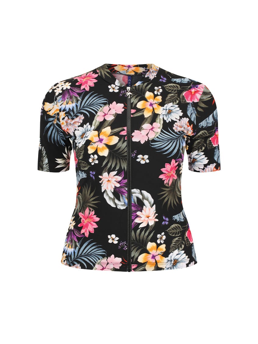black floral zip front women's rash vest