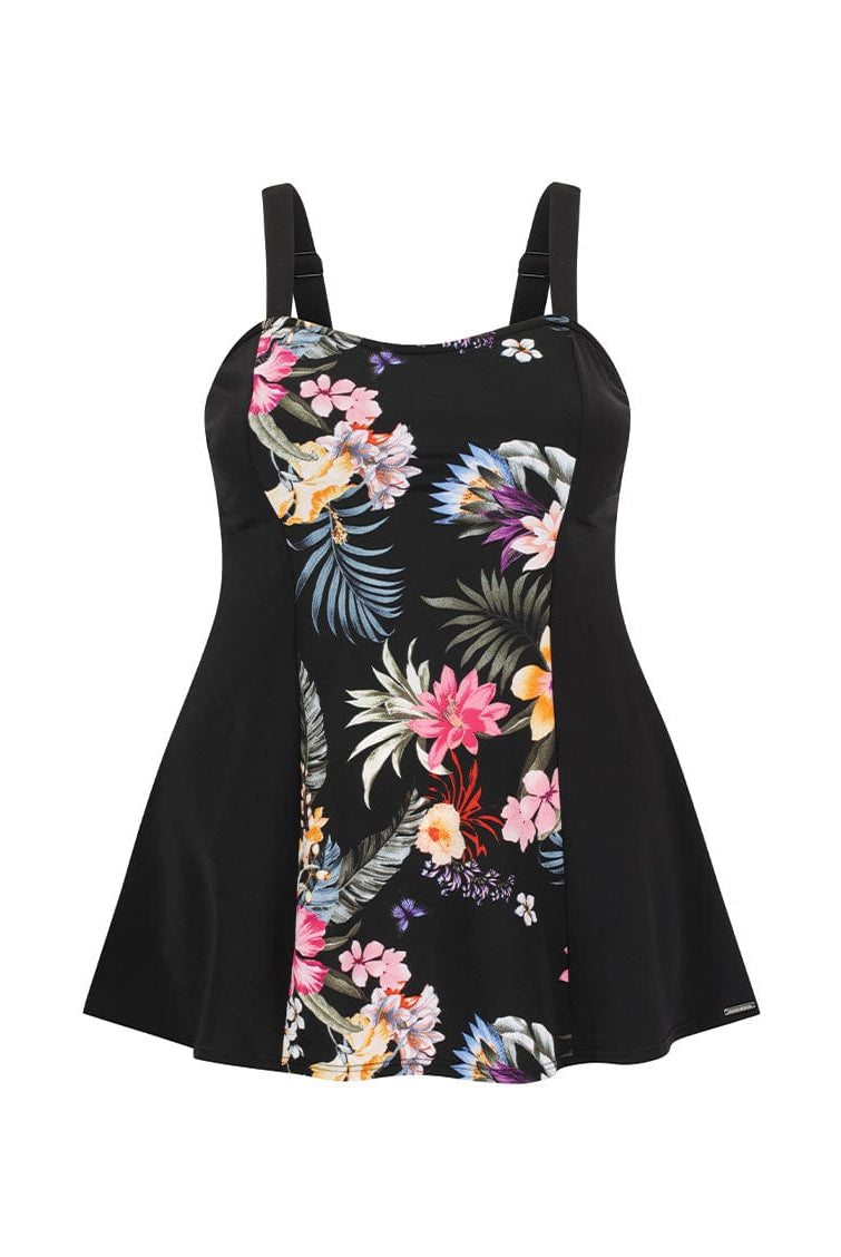 ghost mannequin of pool proof wide strap swim dress in black floral print