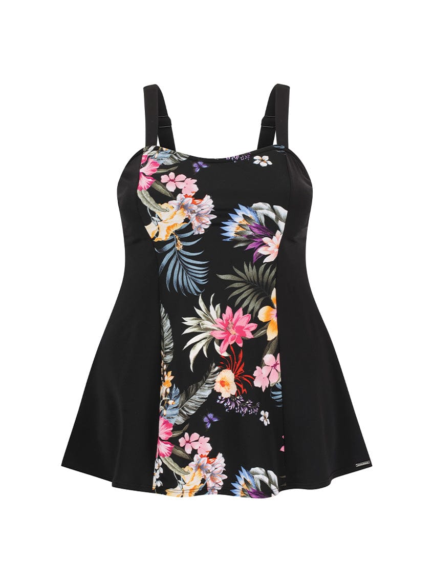 ghost mannequin of pool proof wide strap swim dress in black floral print