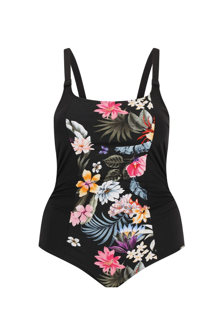 Ghost mannequin of women's chlorine resistant one piece swimsuit black floral
