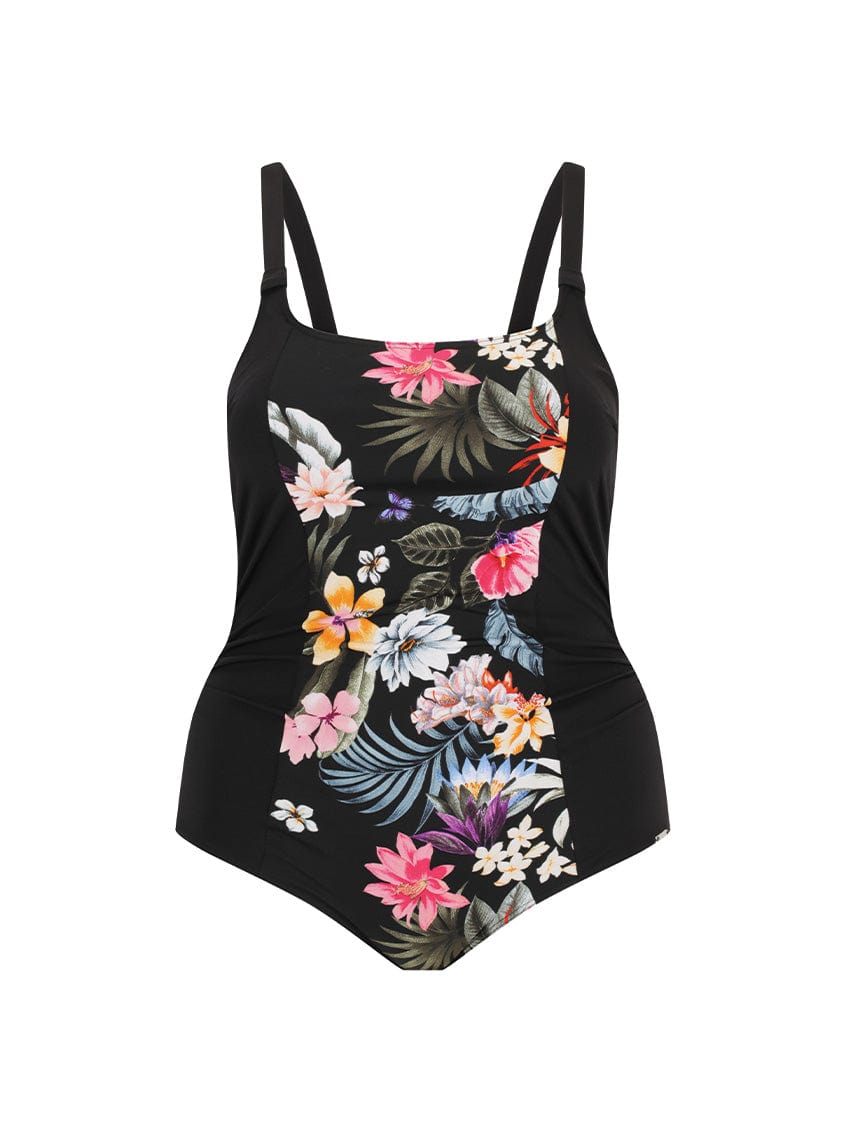 Ghost mannequin of women's chlorine resistant one piece swimsuit black floral