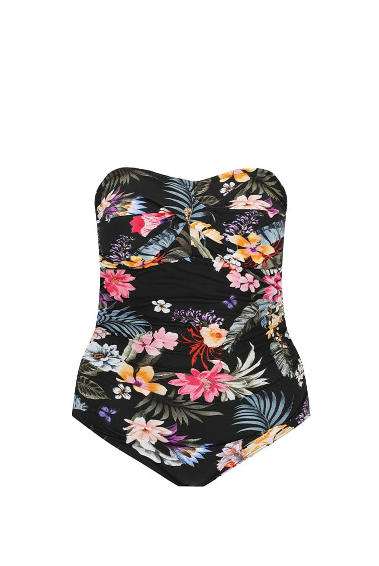 Ghost mannequin of black floral chlorine resistant strapless one piece swimsuit