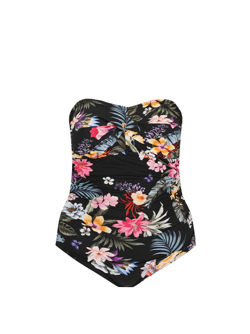 Ghost mannequin of black floral chlorine resistant strapless one piece swimsuit