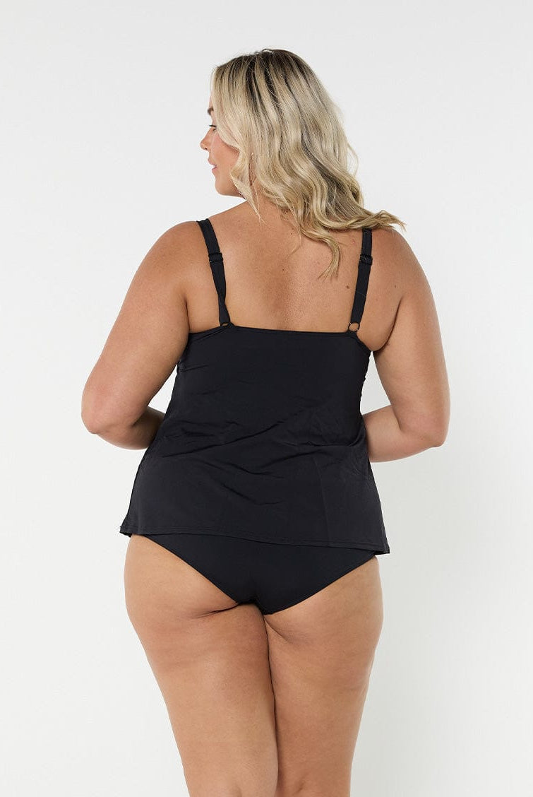 model showing back of black tank tankini top