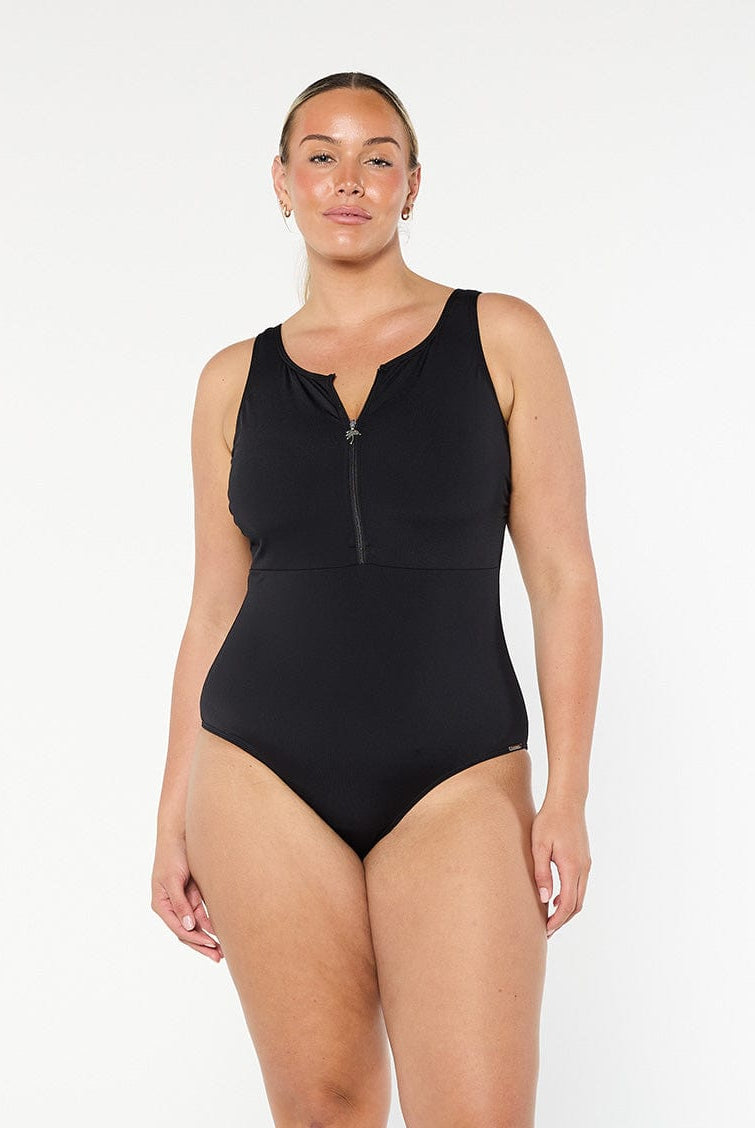 model wearing black sleeves women's one piece