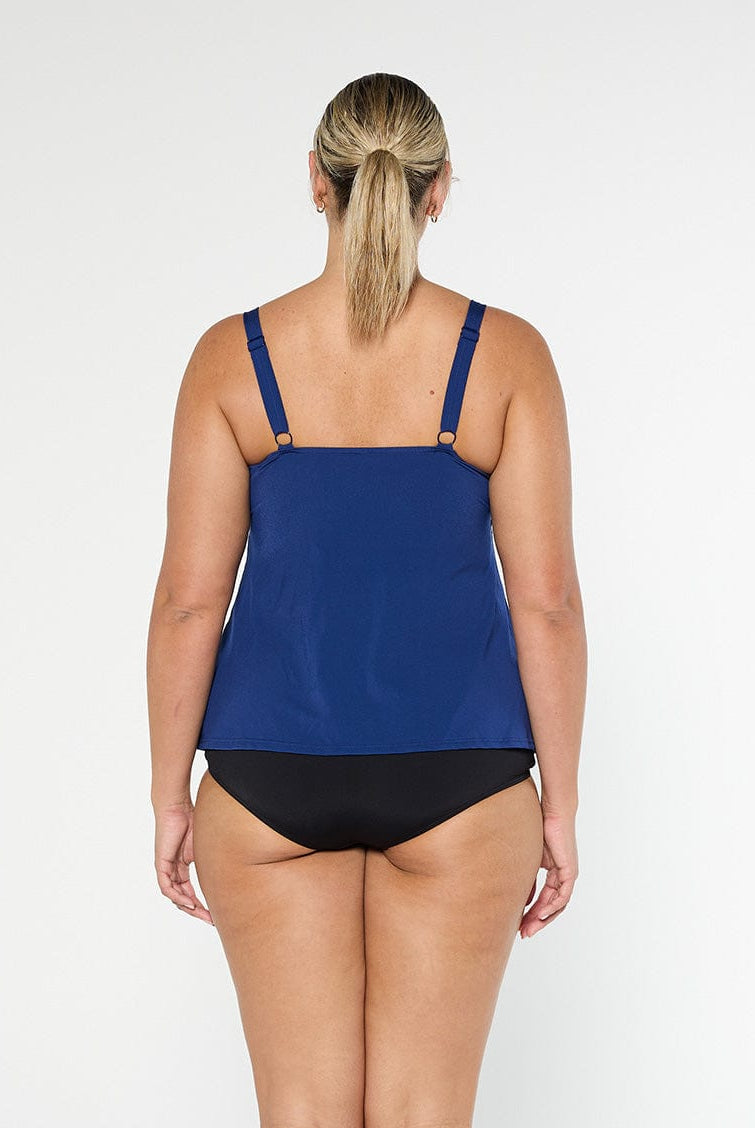 model showing back of navy chlorine resistant tankini