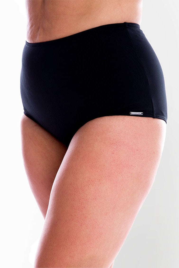 model wearing black high waisted bikini bottoms