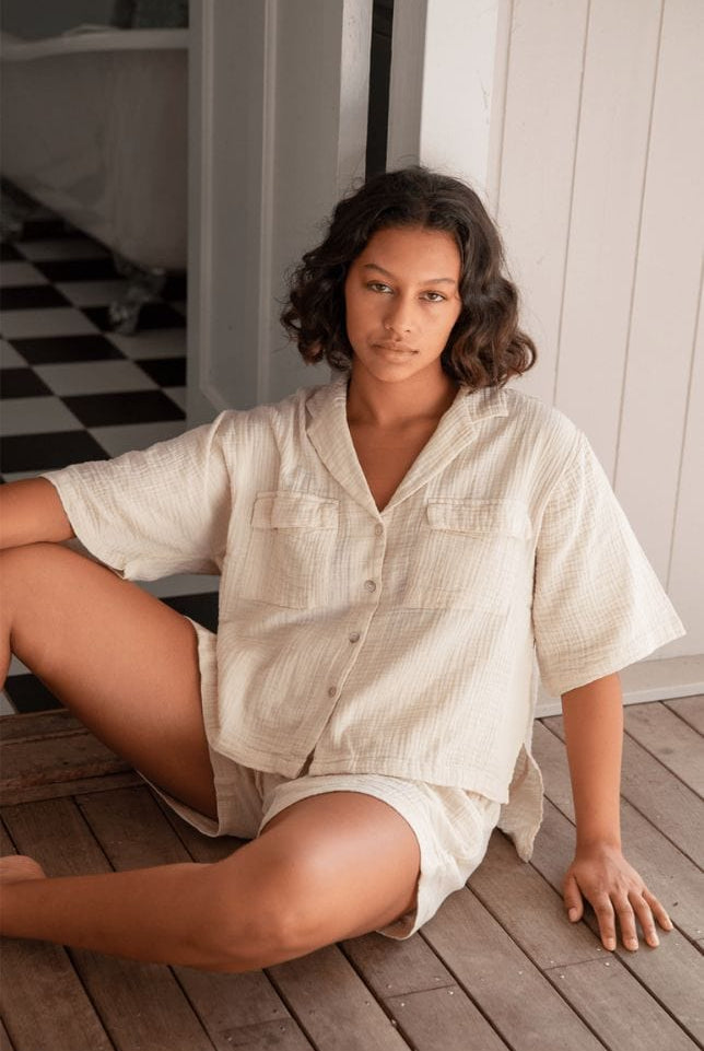 Model wearing Cream Button Up Short Pyjama Set