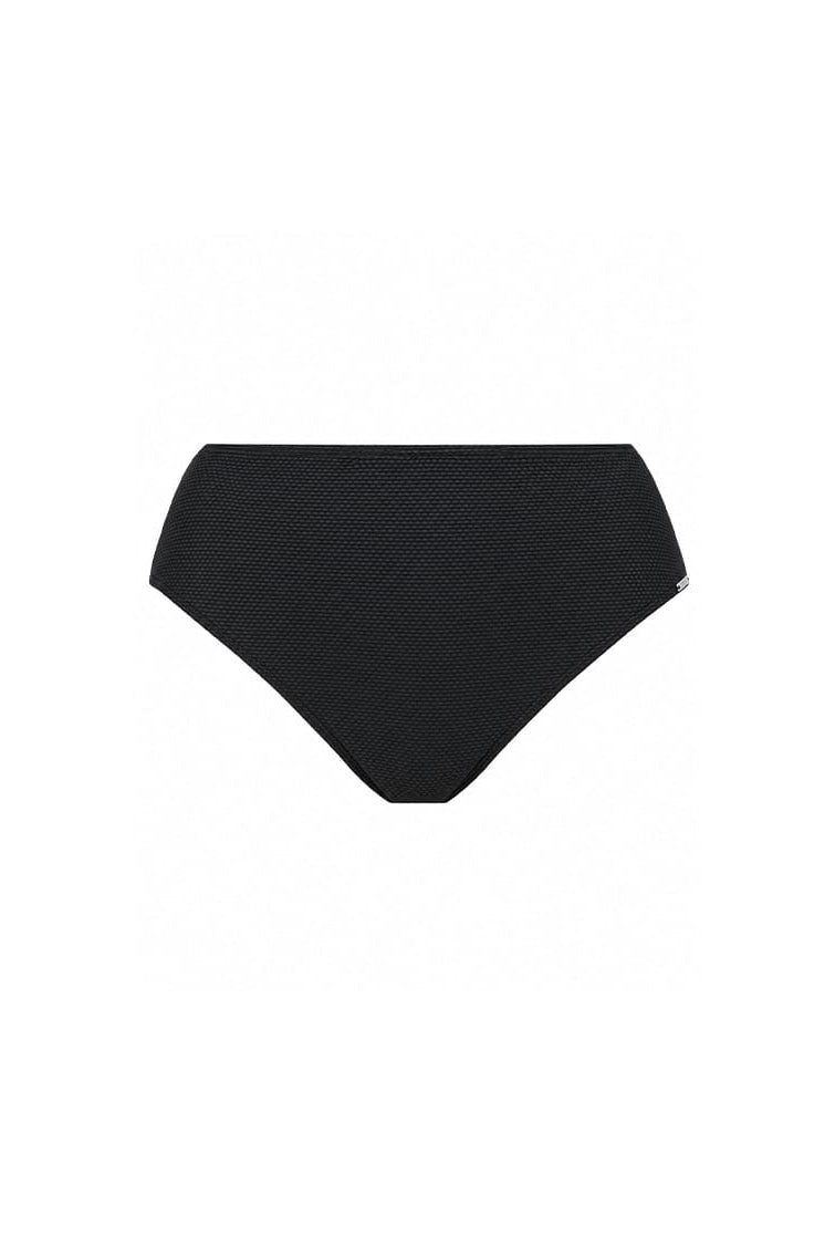 Black textured bikini bottom with a subtle woven pattern, shown flat against a solid white background.