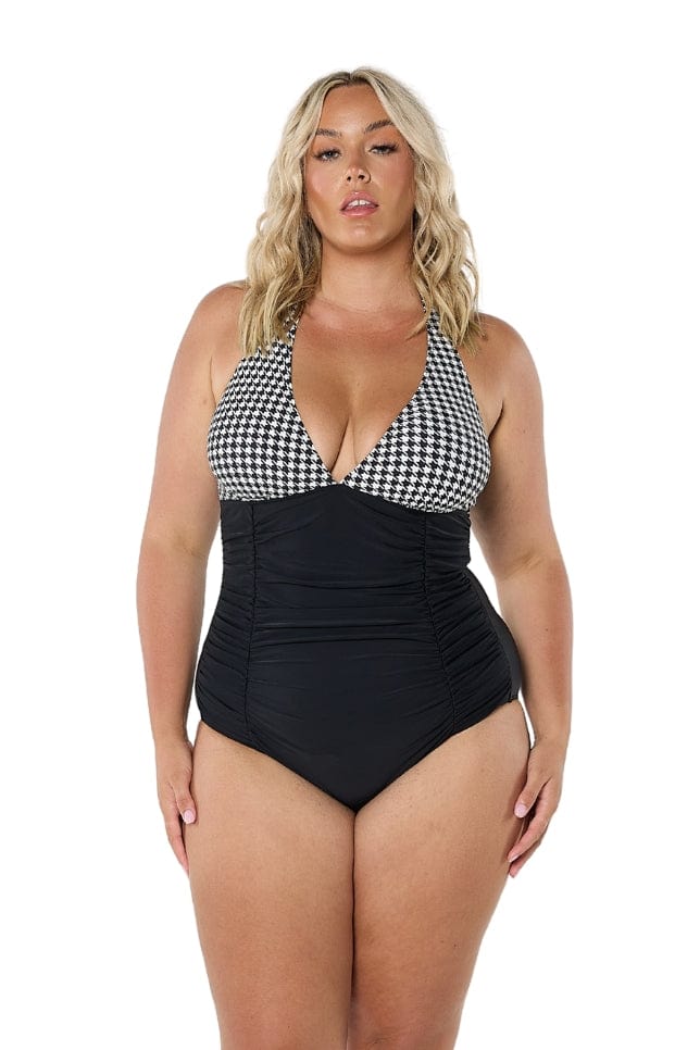 model wearing hounds tooth halter one piece
